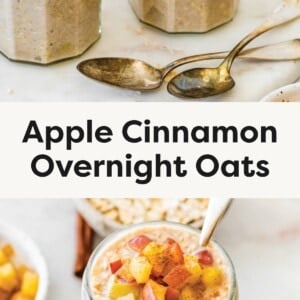 Two jars of apple cinnamon overnight oats topped with diced apples and cinnamon, with spoons beside them. Jar of apple cinnamon overnight oats topped with diced apples and cinnamon, with oats and cinnamon sticks in the background.