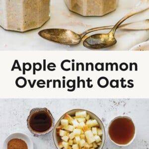 Two jars of apple cinnamon overnight oats topped with diced apples and cinnamon, with two spoons placed in front. Ingredients for apple cinnamon overnight oats laid out in bowls, including oats, chopped apple, cinnamon, vanilla, maple syrup, coconut yogurt, and dairy-free milk.