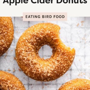 Close-up of sugar-coated baked apple cider donuts on parchment paper with sprinkled sugar.