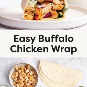 Hand holding a buffalo chicken wrap cut in half with chicken, lettuce, red onion, and peppers inside. Buffalo Chicken Wrap ingredients: Chicken tenders, tortillas, ranch, chopped red onion, crumbled blue cheese, Franks Red Hot, large carrot, chopped romaine