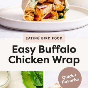 Hand holding half of a buffalo chicken wrap with chicken, carrots, lettuce, and onion visible. Buffalo chicken wrap halves stacked on a white plate with creamy dressing in the background. Two buffalo chicken wraps cut in half on a wooden board with lettuce and dressing nearby. Buffalo chicken wrap halves stacked with ranch dressing drizzled on top and lettuce in the background.