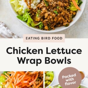 Overhead view of a chicken lettuce wrap bowl with cauliflower rice, shredded carrots, ground chicken, and sauce. Close-up of chicken lettuce wrap bowl topped with green onions, shredded carrots, sesame seeds, and sauce drizzle. Chicken lettuce wrap bowl with chopped lettuce, cauliflower rice, ground chicken, shredded carrots, and sauce mixed together.
