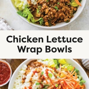 Top photo: Bowl of chicken lettuce wrap with cauliflower rice, carrots, ground chicken, and sauce. Bottom photo: Chicken lettuce wrap bowl with sauce drizzled over cauliflower rice, carrots, and seasoned ground chicken.