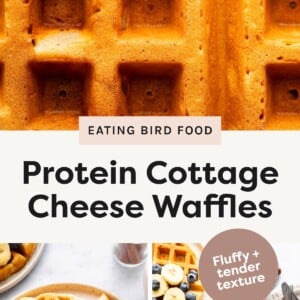 Close-up of a golden brown waffle with crisp edges. Plate of waffle quarters topped with banana slices and blueberries. Whole waffle topped with banana slices and blueberries on a plate.