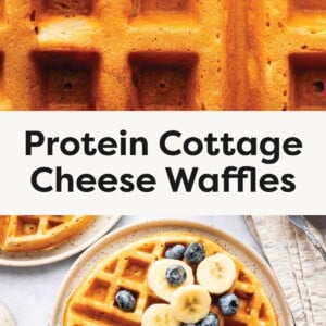 Top:Close-up of a golden-brown waffle with crisp edges. Bottom:Plate of waffles topped with sliced bananas and fresh blueberries.
