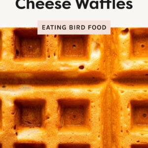 Close-up of golden brown protein cottage cheese waffle with text overlay.