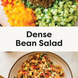 Chopped vegetables and chickpeas in a bowl with dressing being poured on top. Mixed bean salad with colorful vegetables in a bowl with a spoon.