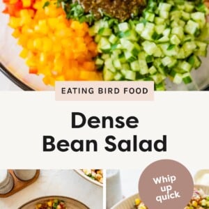 Chopped vegetables and chickpeas in a bowl with dressing being poured over. Mixed bean salad with colorful vegetables in a beige bowl with a spoon. Close-up of colorful bean salad in a white bowl.