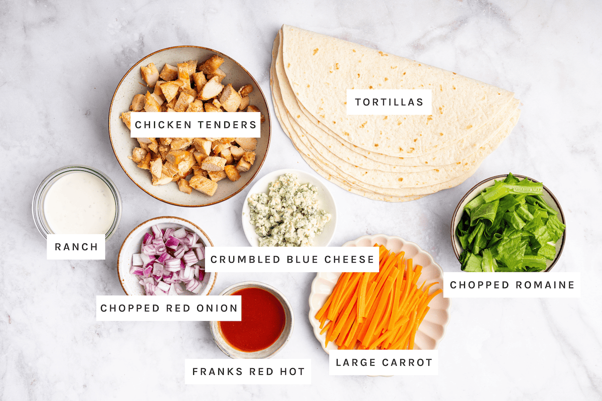 Chicken tenders, tortillas, ranch, chopped red onion, crumbled blue cheese, Franks Red Hot, large carrot, chopped romaine