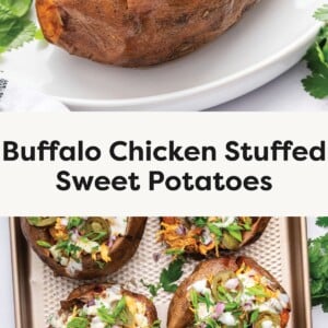 Top photo: Close-up of a baked sweet potato stuffed with shredded buffalo chicken, jalapeños, red onion, green onion, and drizzled with ranch dressing. Bottom photo: Tray of multiple baked sweet potatoes stuffed with buffalo chicken, jalapeños, red onion, green onion, and ranch drizzle, garnished with fresh herbs.