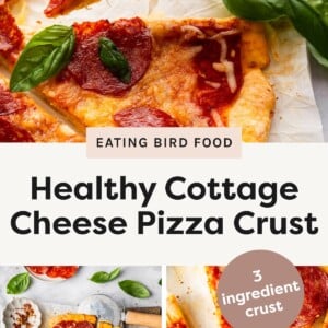 Close-up of a slice of pepperoni pizza with melted cheese and fresh basil on top. Overhead view of a whole pepperoni pizza on parchment paper, garnished with basil, next to a pizza cutter. Slices of pepperoni pizza with melted cheese, fresh basil, and red pepper flakes scattered on parchment paper.