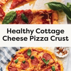 Top photo: Close-up of a slice of pepperoni pizza with melted cheese and fresh basil leaves. Bottom photo: Whole pepperoni pizza cut into slices, topped with melted cheese and basil, with a pizza cutter beside it.