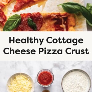 Top photo: Slice of pepperoni pizza with melted cheese and fresh basil on top. Bottom photo: Ingredients for pizza crust and toppings, including shredded cheese, pizza sauce, flour, cottage cheese, pepperoni slices, fresh basil, and salt.