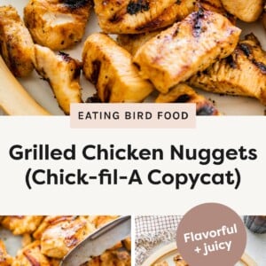 Close-up of grilled chicken nuggets with a bowl of honey mustard dipping sauce. Grilled chicken nuggets being picked up with metal tongs. Plate of grilled chicken nuggets served with a bowl of honey mustard dipping sauce.