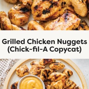 Close-up of grilled chicken nuggets with dipping sauce, shown as a Chick-fil-A copycat recipe.