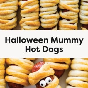 Top photo: Four mummy hot dogs wrapped in golden crescent roll dough with candy eyes, standing upright side by side. Bottom photo: Close-up of a mummy hot dog with candy eyes wrapped in crescent roll dough, placed next to a bowl of ketchup.