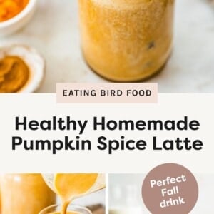 A tall glass of pumpkin spice latte topped with whipped cream and sprinkled with spice. Pumpkin spice latte being poured into a glass with ice. A glass mug of pumpkin spice latte topped with whipped cream, surrounded by pumpkins and cinnamon sticks.