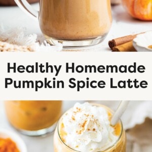 A glass mug filled with a hot pumpkin spice latte topped with whipped cream and sprinkled cinnamon. A mason jar of iced pumpkin spice latte with whipped cream and cinnamon on top, surrounded by pumpkin purée and spices