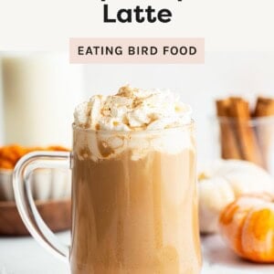 A glass mug filled with iced pumpkin spice latte topped with whipped cream and sprinkled with spice, surrounded by pumpkins and cinnamon sticks.