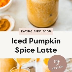 A glass of iced pumpkin spice latte topped with whipped cream and a sprinkle of spice, with bowls of pumpkin puree and spice nearby. A glass of pumpkin spice latte being poured, showing the creamy orange texture. Overhead view of a glass of iced pumpkin spice latte with a straw, highlighting its smooth, frothy top.