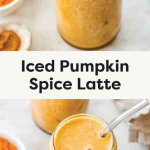A glass of iced pumpkin spice latte topped with whipped cream and sprinkled with spice, with a straw inserted. A glass of iced pumpkin spice latte without whipped cream, showing its smooth frothy top and a straw.