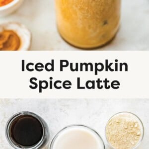 A glass of iced pumpkin spice latte topped with whipped cream and sprinkled with pumpkin spice, surrounded by small bowls of pumpkin puree and spice. Overhead shot of ingredients for an iced pumpkin spice latte: cold brew coffee, vanilla protein powder, unsweetened vanilla almond milk, homemade pumpkin puree, and pumpkin pie spice.