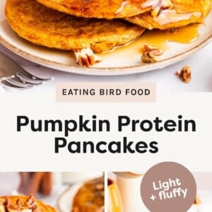 Stack of pumpkin protein pancakes topped with pecans and maple syrup being poured over. Pumpkin protein pancakes cut into wedges on a plate, showing fluffy texture inside. Tall stack of pumpkin protein pancakes topped with pecans and drizzled with maple syrup.