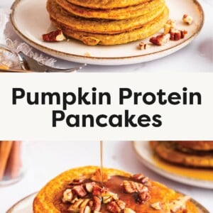Top photo: Stack of pumpkin protein pancakes on a plate, topped with pecans and syrup being poured. Bottom photo: Two pumpkin protein pancakes on a plate, topped with pecans and syrup, with a fork nearby.