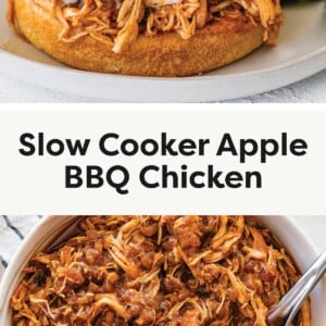 Pulled BBQ chicken sandwich topped with coleslaw on a bun, served with broccoli on the side. Bowl of shredded BBQ chicken with apple chunks and sauce, with a serving spoon.