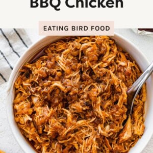 Bowl of shredded apple BBQ chicken in sauce with a serving spoon.