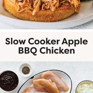 Top photo: A pulled BBQ chicken sandwich on a bun topped with creamy coleslaw, served with broccoli on the side. Bottom photo: Raw chicken breasts on a plate surrounded by small bowls of BBQ sauce, diced apples, diced onions, spices, and seasonings.