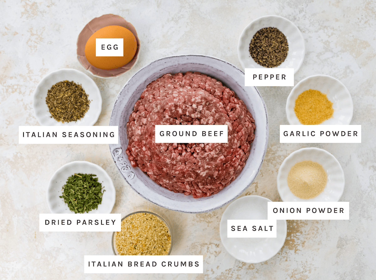 Egg, ground beef, pepper, garlic powder, onion powder, sea salt, Italian bread crumbs, dried parsley, Italian seasoning