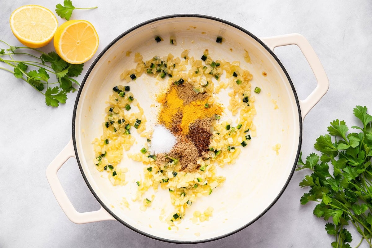 Garlic, ginger, and spices sautéing in olive oil to start the chana masala sauce.