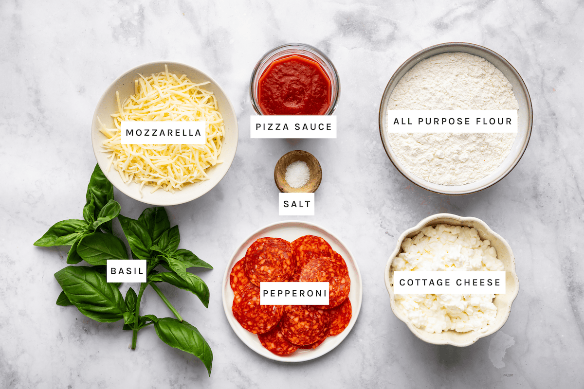 Mozzarella, pizza sauce, all purpose flour, salt, basil, pepperoni, cottage cheese