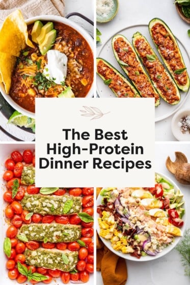 Collage of 4 different High Protein Dinner Recipes.