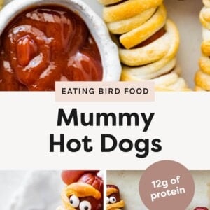 Top photo: Hot dog wrapped in crescent roll dough to look like a mummy with candy eyes, next to a bowl of ketchup. Bottom left photo: Hand holding a mummy hot dog with candy eyes over a bowl of ketchup. Bottom right photo: Four mummy hot dogs lined up side by side on a light surface.