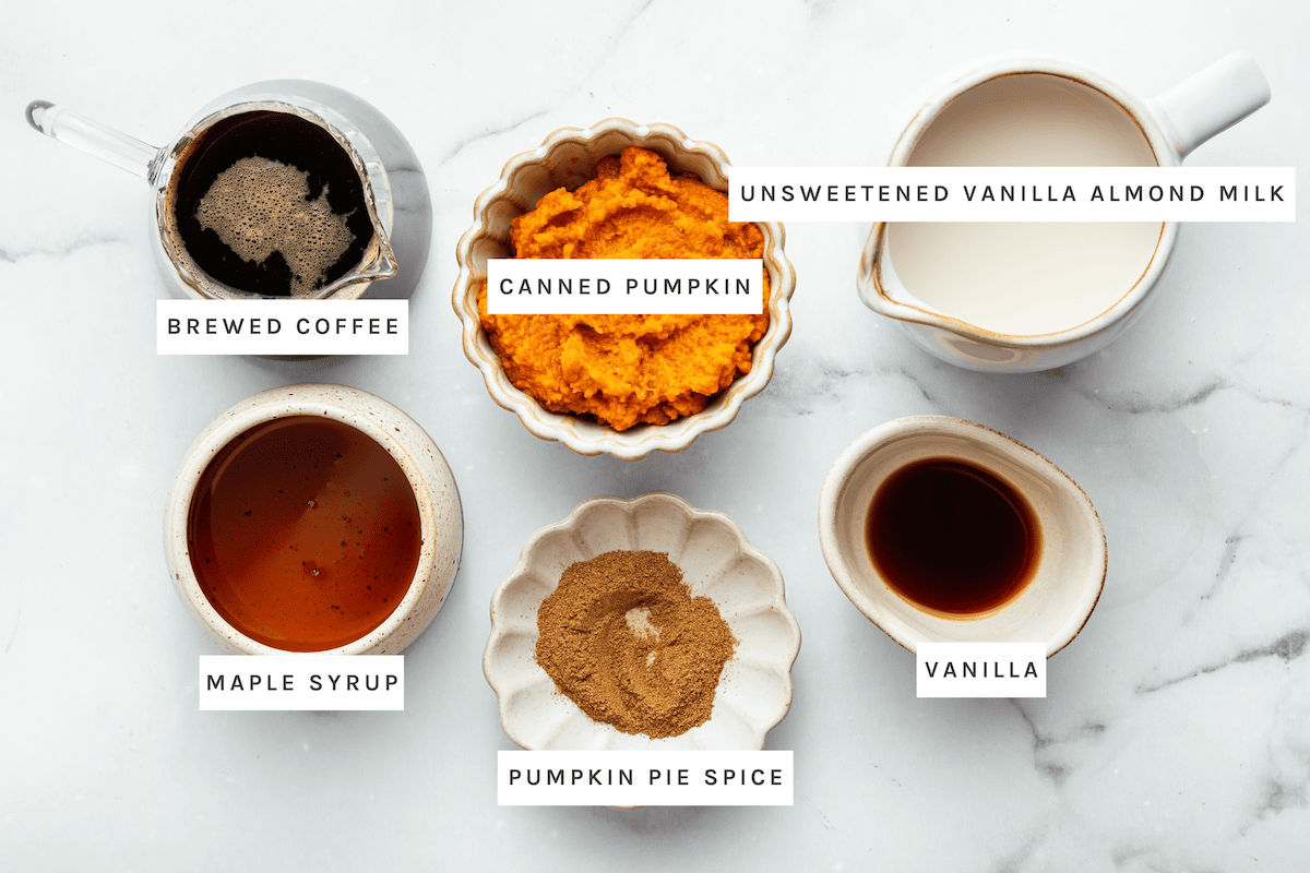 Brewed coffee, canned pumpkin, unsweetened vanilla almond milk, maple syrup, pumpkin pie spice, vanilla