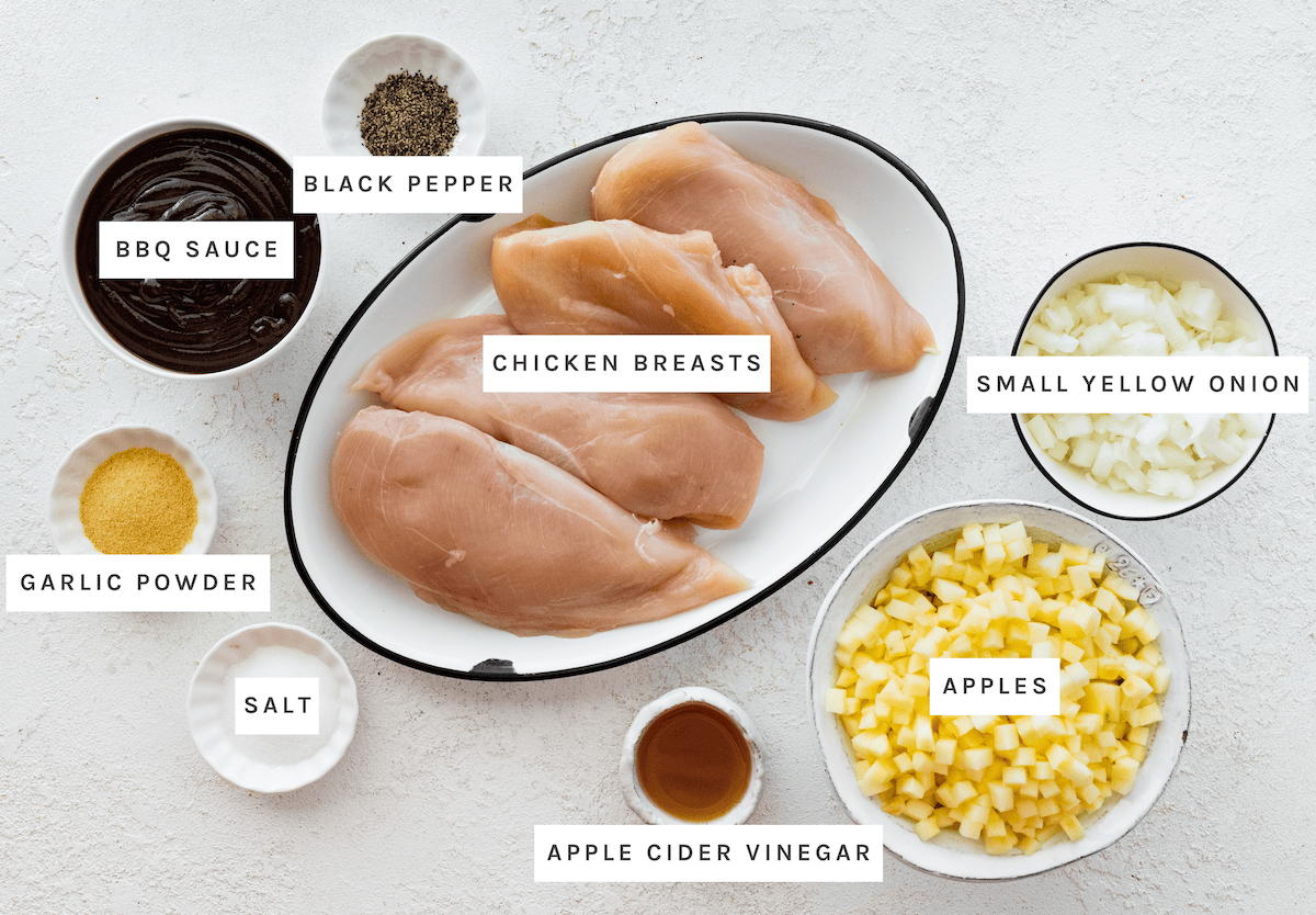Chicken breasts, small yellow onion, apples, BBQ sauce, apple cider vinegar, garlic powder, salt, black pepper