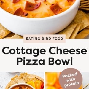 Close-up of a baked cottage cheese pizza bowl topped with melted cheese and pepperoni. Spoon lifting a gooey, cheesy bite from the pizza bowl. Overhead shot of the pizza bowl surrounded by crackers and sliced bell peppers. Spoonful of melted cheese and pepperoni being lifted from the bowl, with bell peppers in the background.