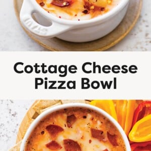 Close-up of a baked cottage cheese pizza bowl topped with melted cheese, pepperoni slices, and red pepper flakes. Overhead view of a cottage cheese pizza bowl surrounded by crackers and sliced bell peppers.