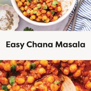 A bowl of chana masala with chickpeas in a spiced tomato sauce served beside white rice, garnished with cilantro, with a close-up of the dish being scooped with a wooden spoon. A bowl of chana masala with chickpeas in a tomato-based sauce, garnished with cilantro, served with white rice, and a close-up of the dish being scooped with a wooden spoon.