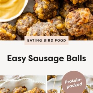 Close-up of golden brown sausage balls with melted cheese next to a small bowl of mustard dipping sauce. Plate of baked sausage balls with one bitten open to show the inside texture. Sausage balls on a serving board with toothpicks for easy grabbing, labeled “protein-packed.”