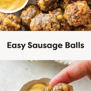 Close-up of golden brown sausage balls with melted cheese next to a small bowl of mustard dipping sauce.
