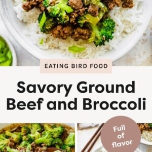 Bowl of savory ground beef and broccoli served over white rice, topped with sesame seeds and green onions. Close-up of ground beef and broccoli stir-fry in a pan with a wooden spoon. Overhead shot of two bowls of ground beef and broccoli over rice with chopsticks and small bowls of green onions and sesame seeds nearby.