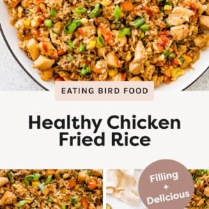 Close-up of a large plate filled with chicken fried rice mixed with diced vegetables and topped with green onions. Zoomed-in shot of chicken fried rice showing rice, peas, carrots, corn, and pieces of chicken. Two bowls of chicken fried rice topped with chopped green onions, with gold forks placed beside the bowls.