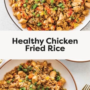 Close-up top view of a large plate of chicken fried rice mixed with carrots, peas, corn, and green onions. Overhead view of a plated serving of chicken fried rice with chopped green onions on top and gold flatware beside the plate.
