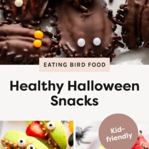 Chocolate-covered date spiders with candy eyes and chocolate sprinkle legs arranged on a white surface. Green apple slices filled with peanut butter, strawberries, and sunflower seeds made to look like monster mouths with candy eyes. Colorful mini bell peppers decorated with candy eyes and chocolate mouths to resemble cute Halloween ghosts.