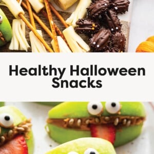 A festive platter of healthy Halloween snacks featuring banana ghosts, pretzel and cheese broomsticks, chocolate-covered date spiders, and cookie spiders. Green apple slices filled with peanut butter, sunflower seeds, and strawberries arranged to look like monster mouths with candy eyes.