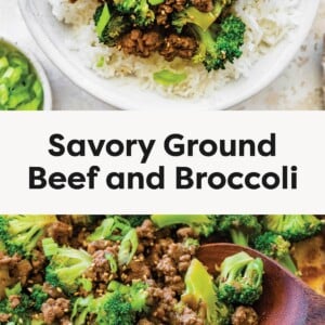 Bowl of savory ground beef and broccoli served over white rice, topped with sesame seeds and green onions. Close-up of ground beef and broccoli stir-fry in a pan with a wooden spoon.
