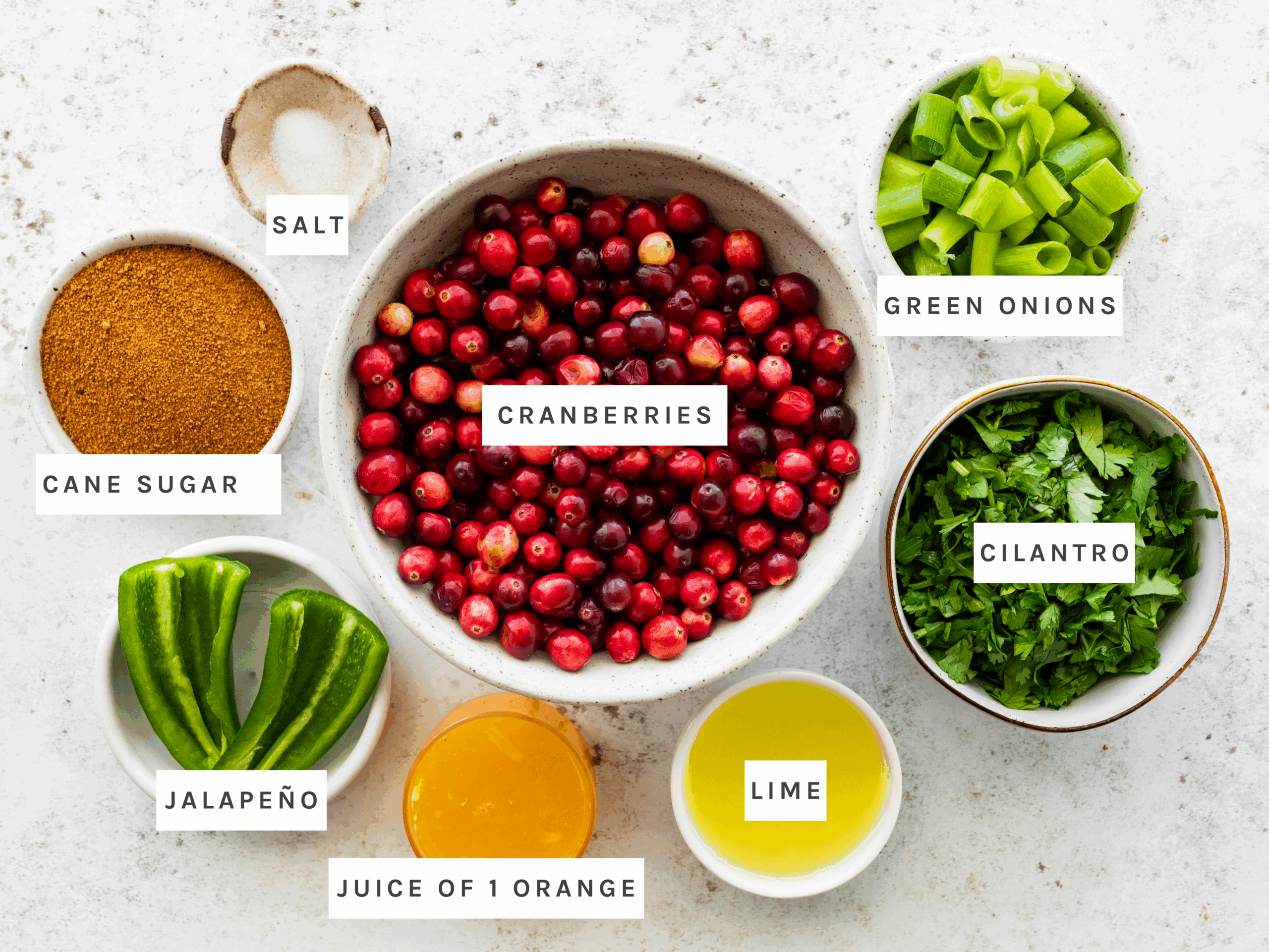 Cranberries, Green Onions, Cilantro, Cane Sugar, Salt, Jalapeño, Juice of 1 Orange, and Lime.
